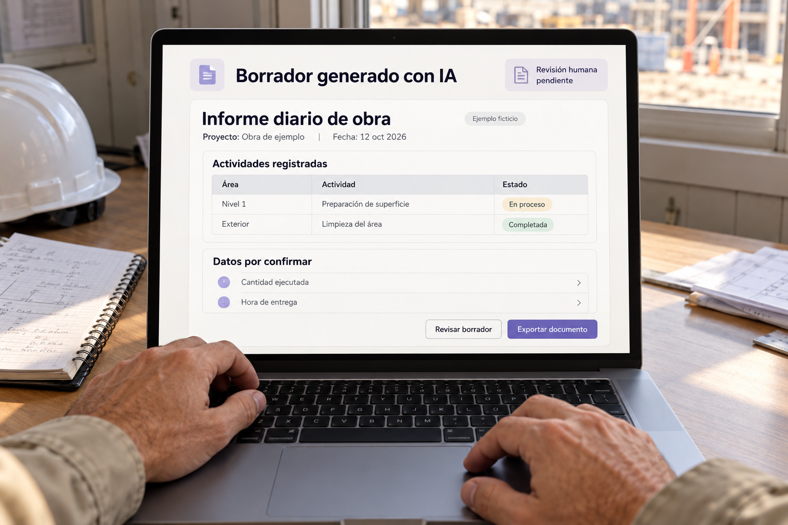 Vista desde una laptop con un borrador de informe diario de obra en pantalla