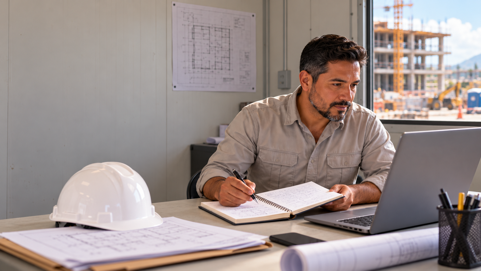 Supervisor de obra revisando notas de campo en una oficina temporera de construcción