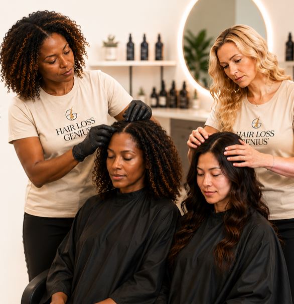 A stylist working behind the chair with a client