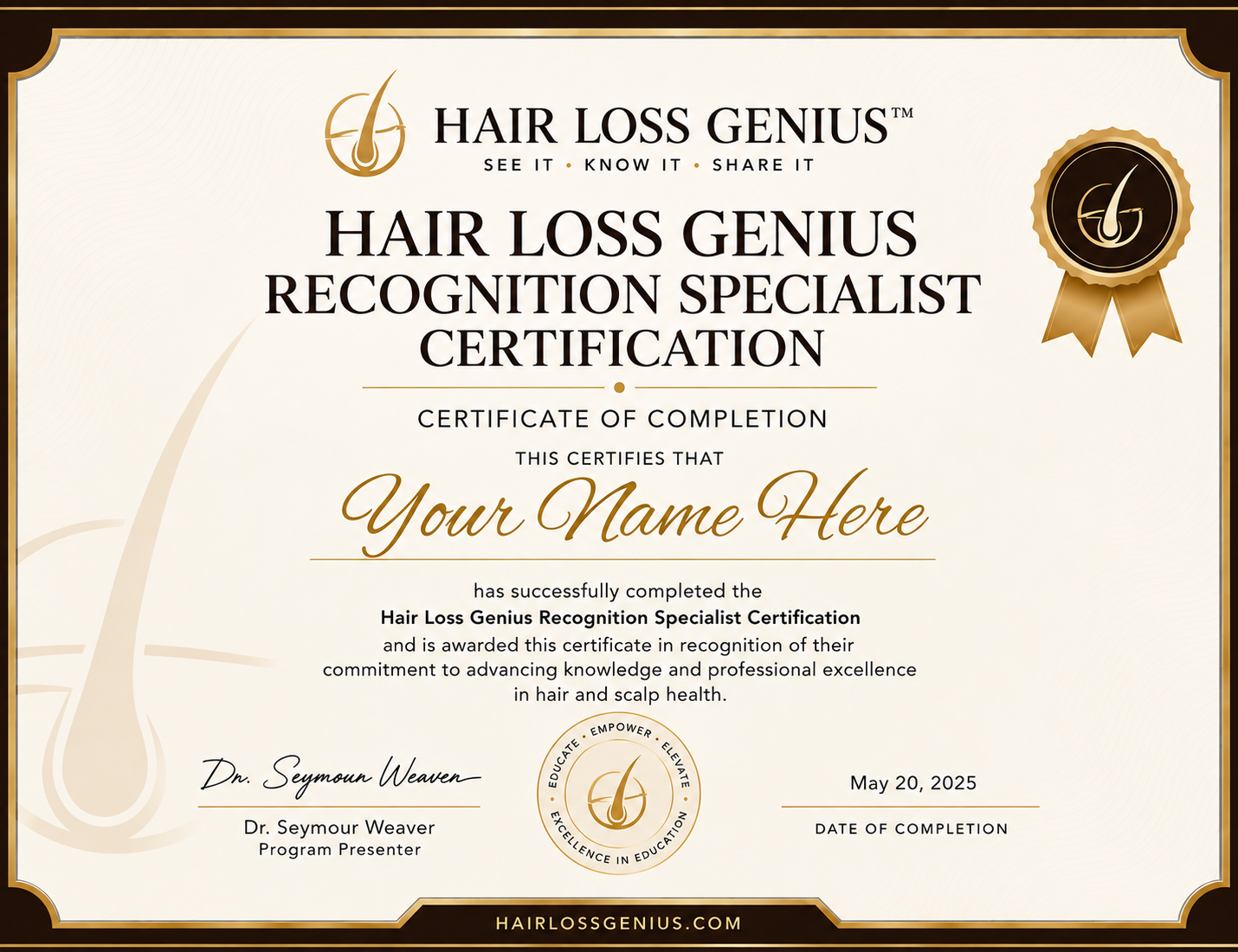 Hair Loss Genius Recognition Specialist Certificate