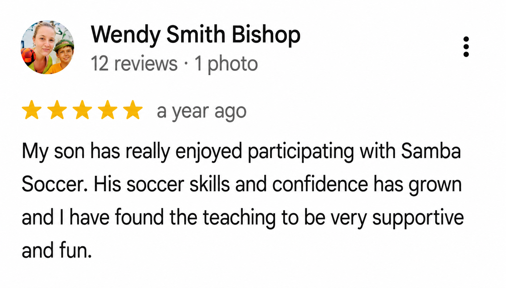 Google review from Wendy Smith Bishop sharing how football training improved both soccer skills and confidence