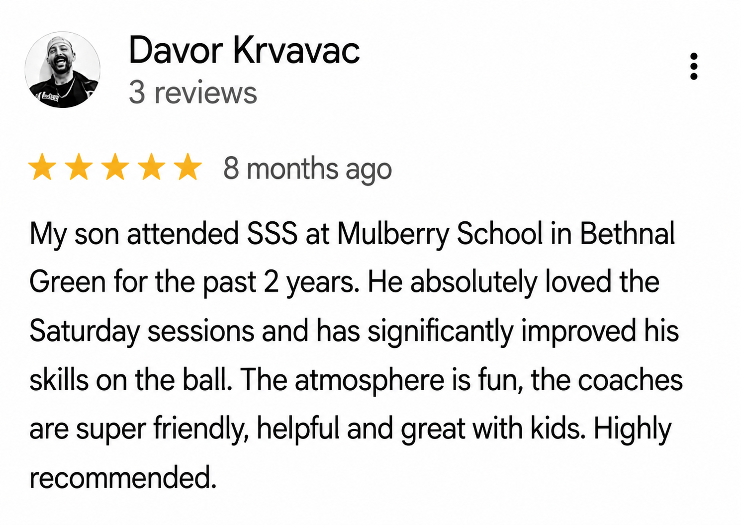 Google review from Muna Adan describing a child's improvement in football skills and confidence through Samba Soccer lessons