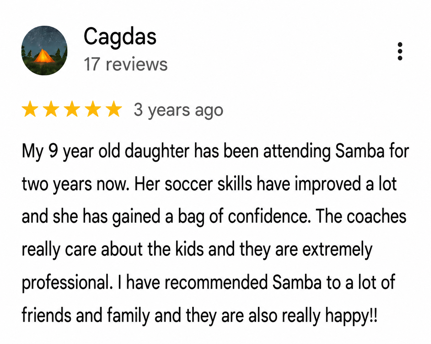 Google review from Cagdas explaining how Samba Soccer helped a child develop football skills and a strong sense of confidence