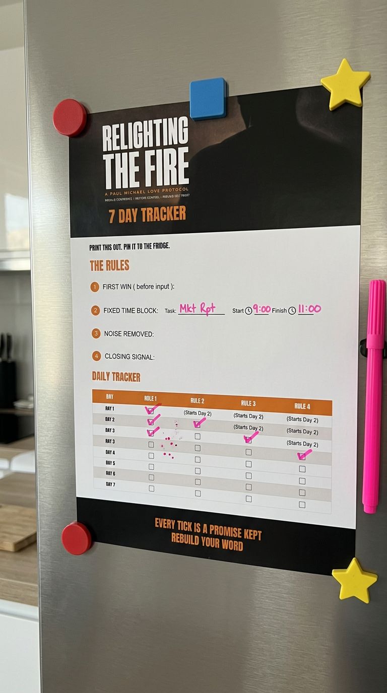 The Relighting The Fire 7 day tracker printed and pinned to a fridge, ticked in ink