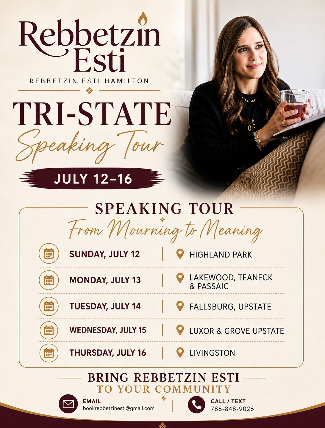 Rebbetzin Esti Tri-State Speaking Tour Schedule