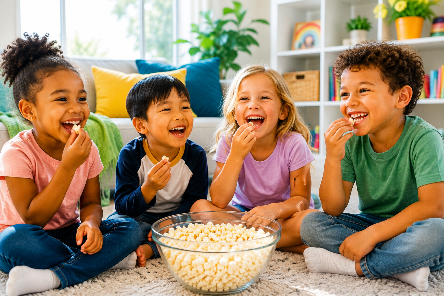 Four children sharing popcorn together at home