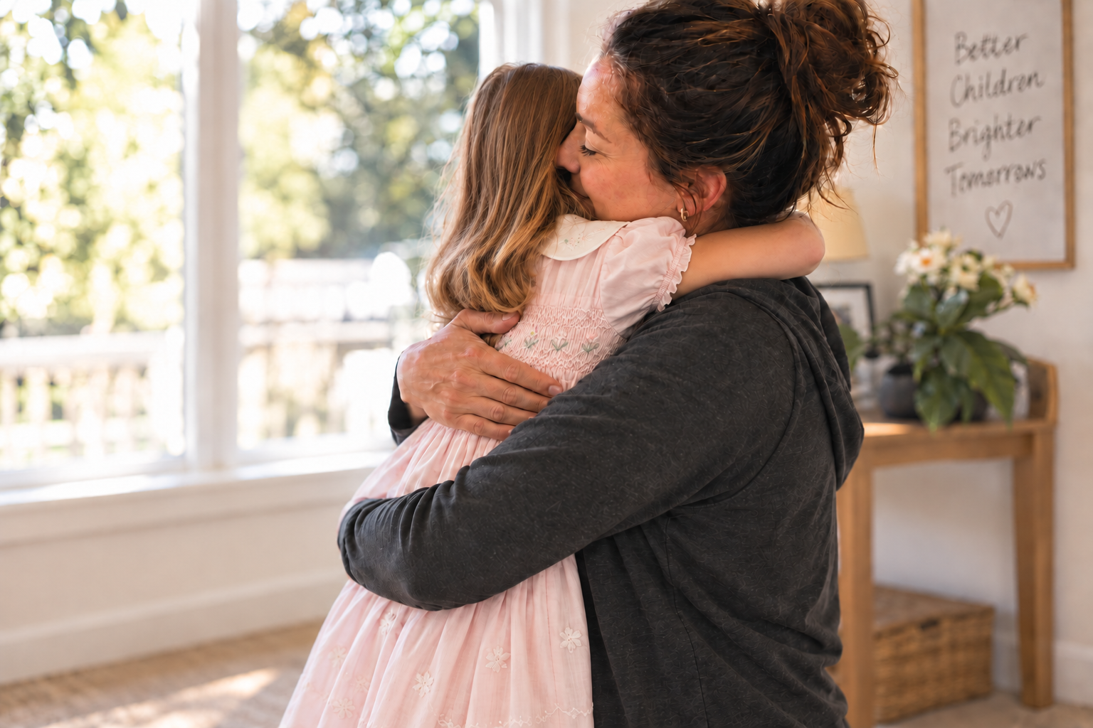A caregiver hugging a neatly groomed young girl in a pink embroidered dress