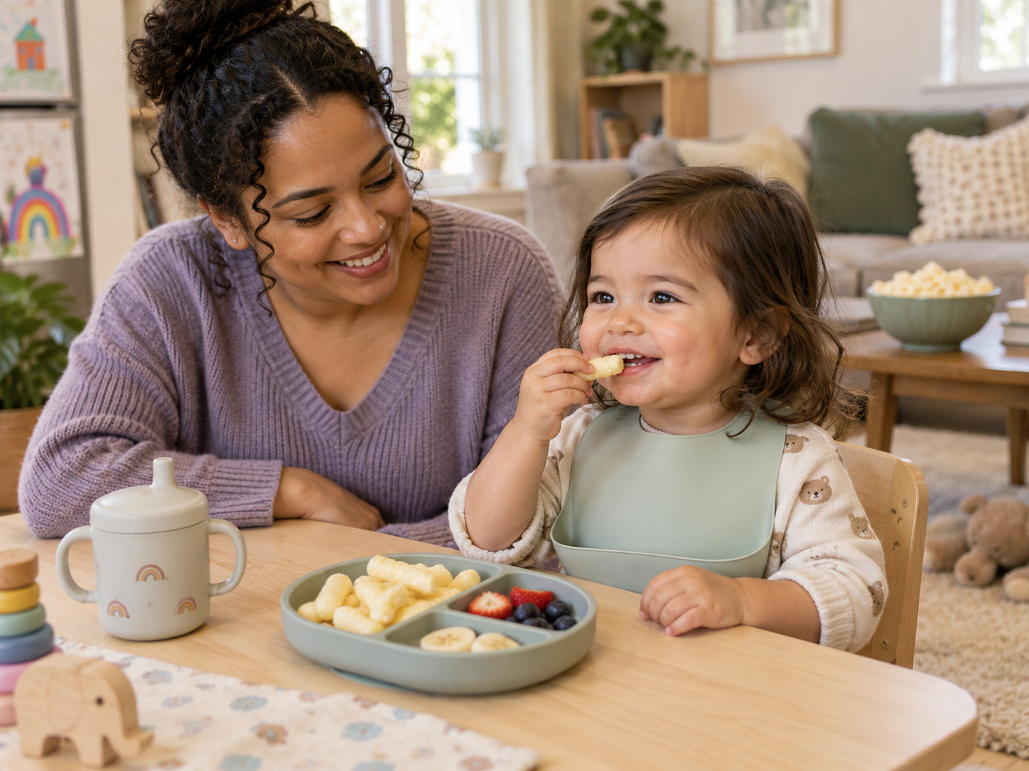 A caregiver sits beside a young child eating a puffed snack at a table