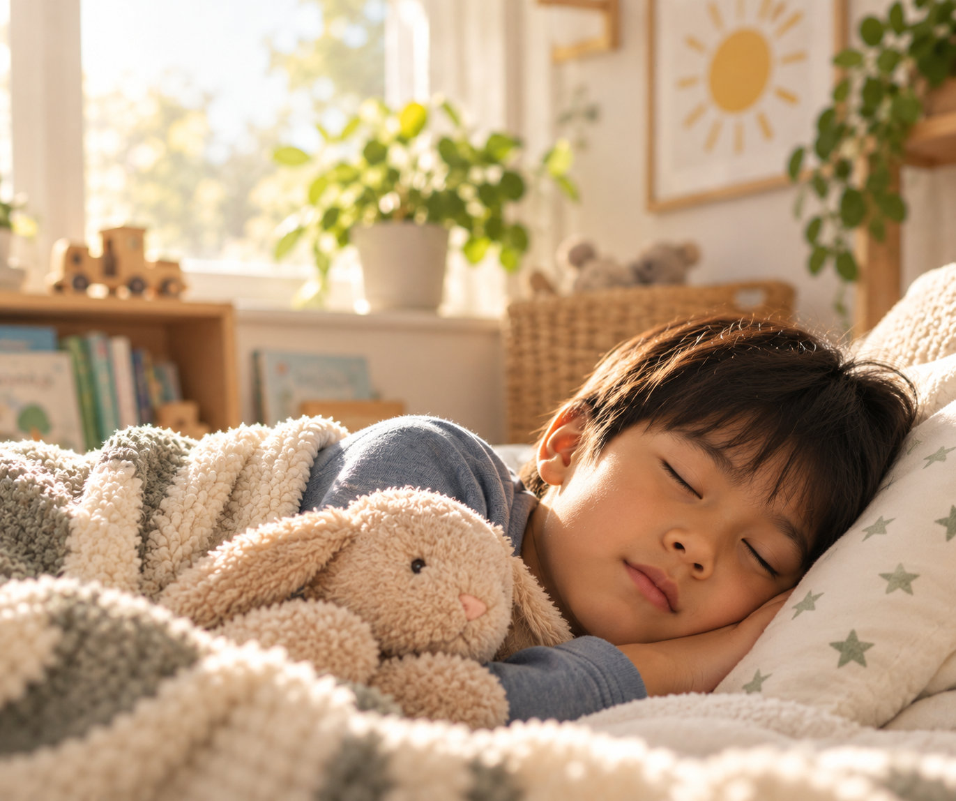 Child resting in a sunlit room while cuddling a plush bunny