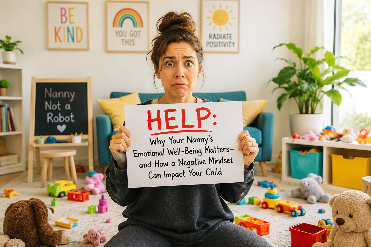 Overwhelmed nanny holding a help sign in a playroom