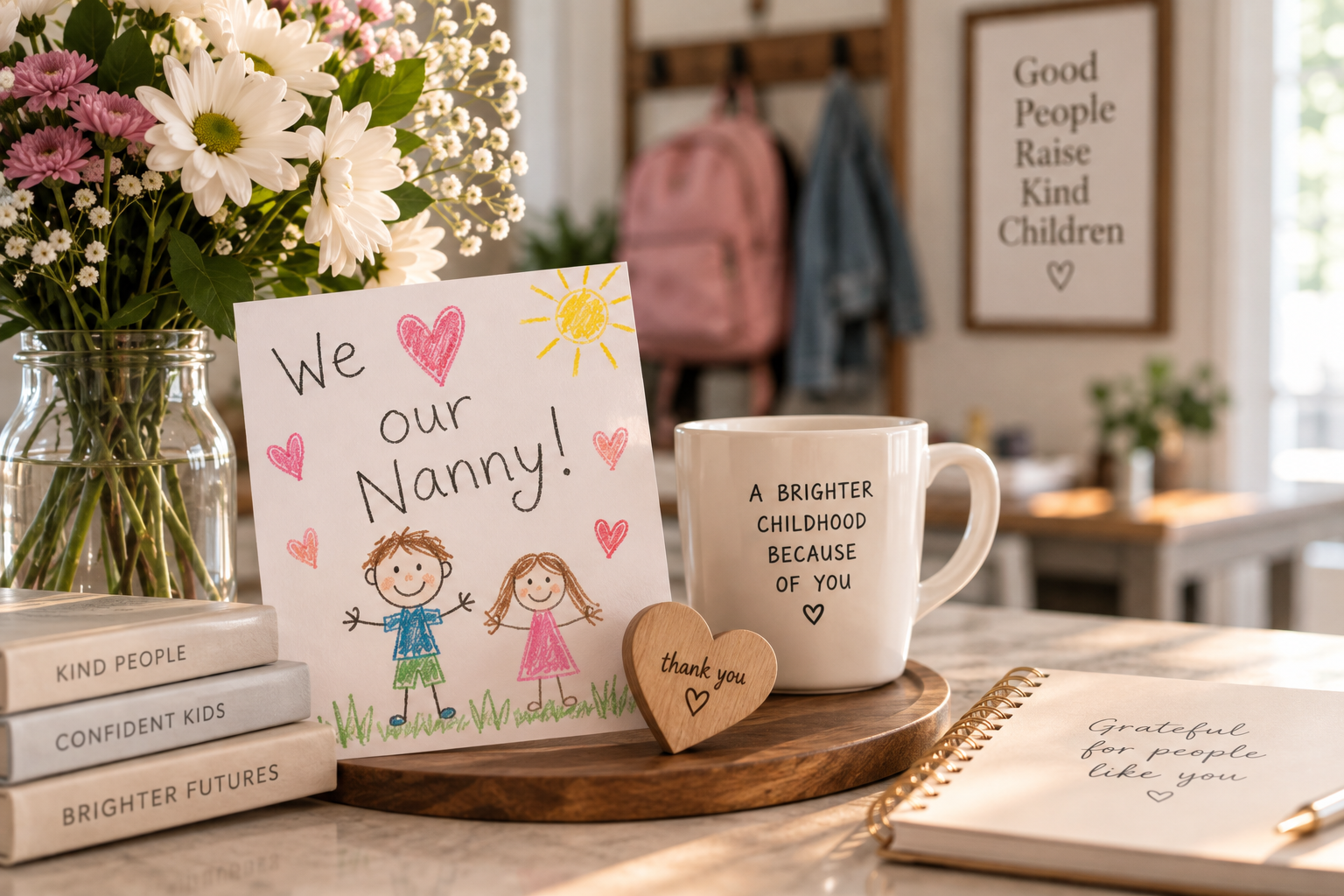 A handmade We love our Nanny card beside flowers, a thank-you heart and a mug reading A brighter childhood because of you