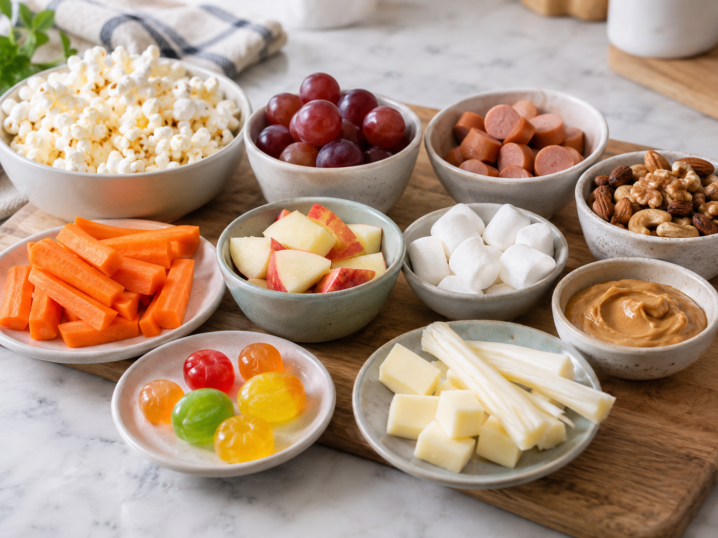 Examples discussed in the choking-hazards section: popcorn, whole grapes, round hot-dog pieces, nuts, raw carrots and apple, marshmallows, candy, nut butter and cheese