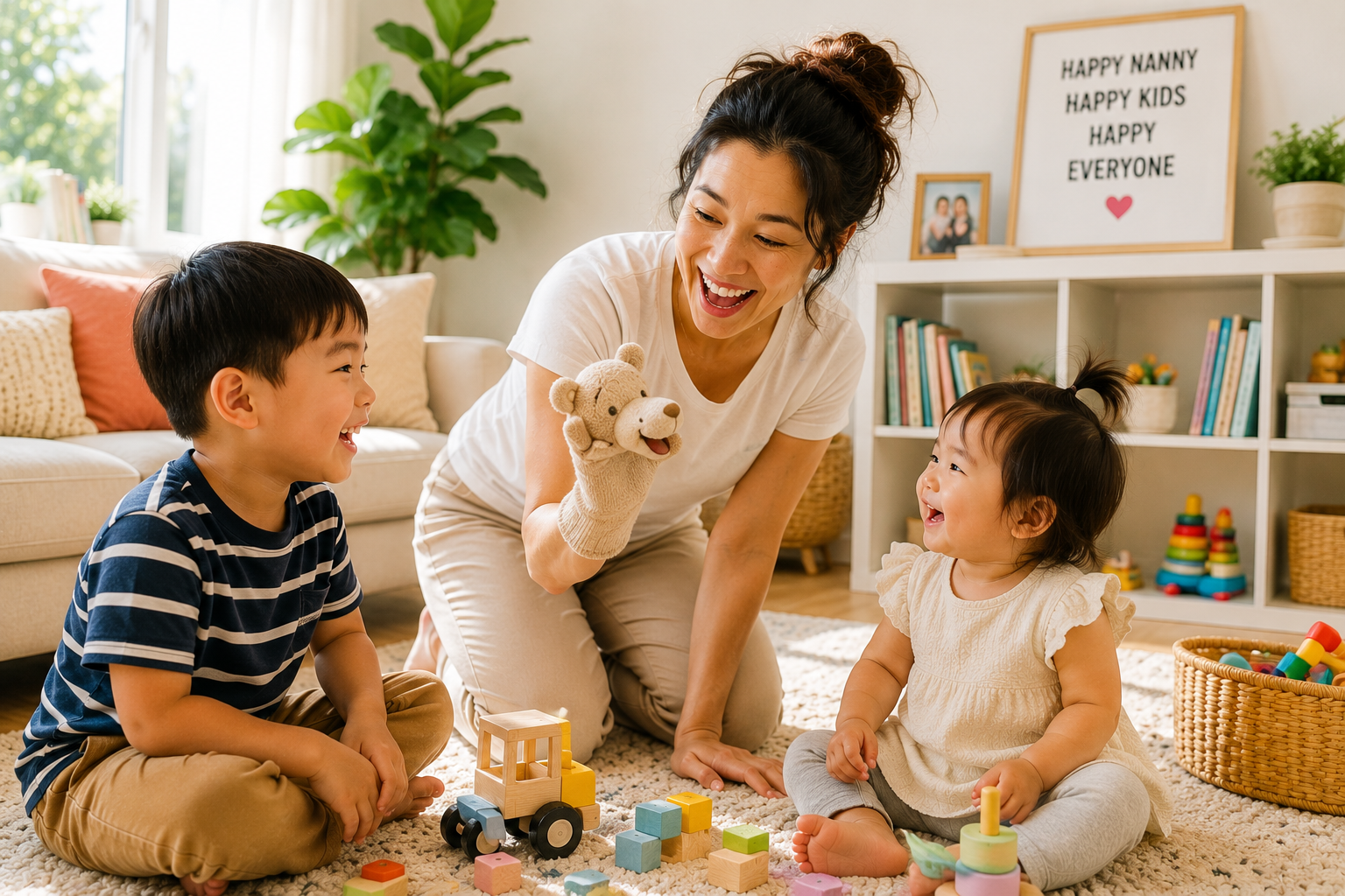 Professional nanny engaging two children through imaginative play