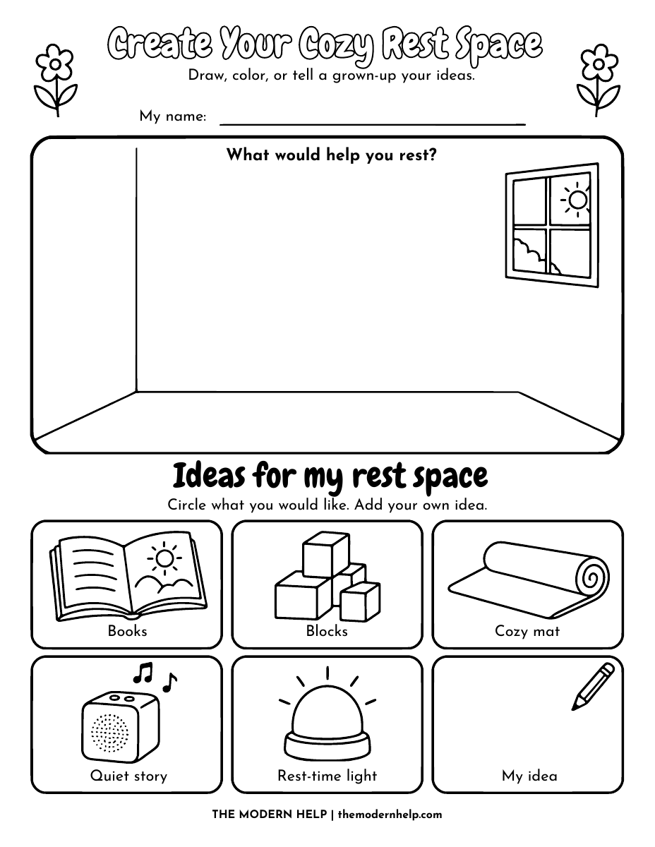 Preview of the Create Your Cozy Rest Space printable activity, with a drawing space and calming activity ideas