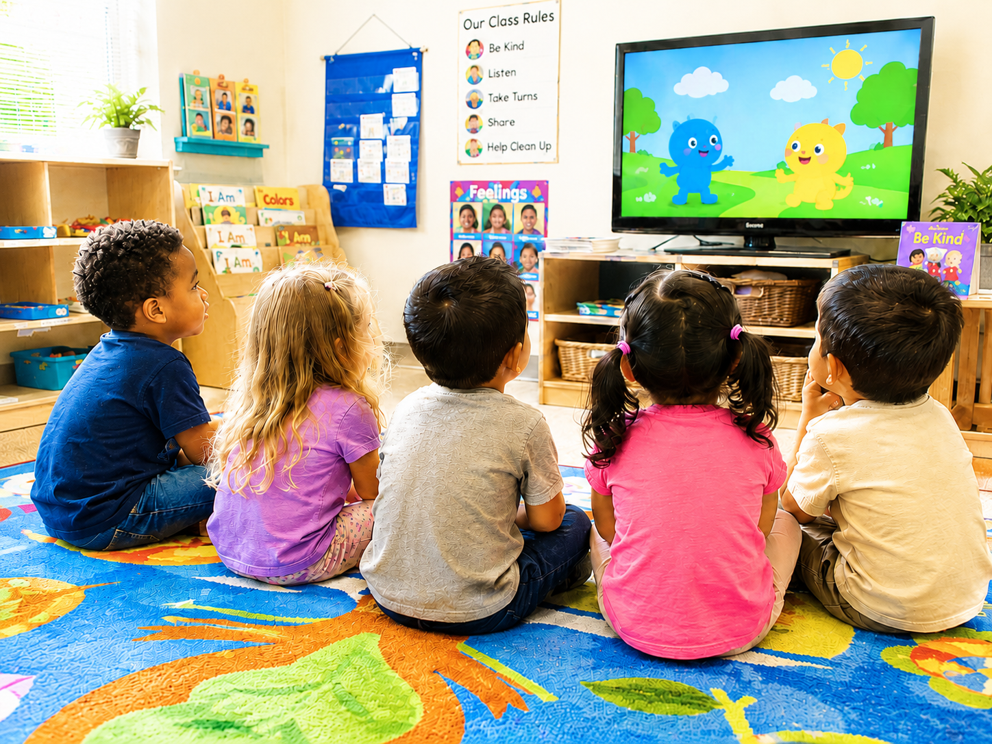 Young children watching a classroom television together