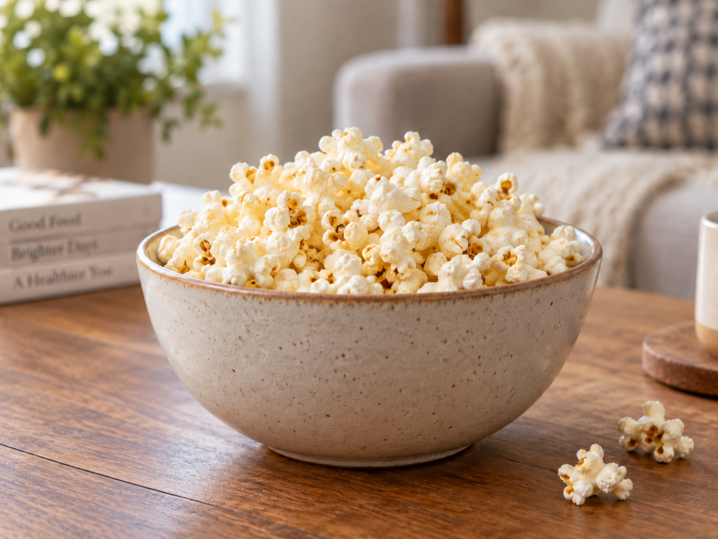 A ceramic bowl filled with popcorn on a wooden table in a cozy living room