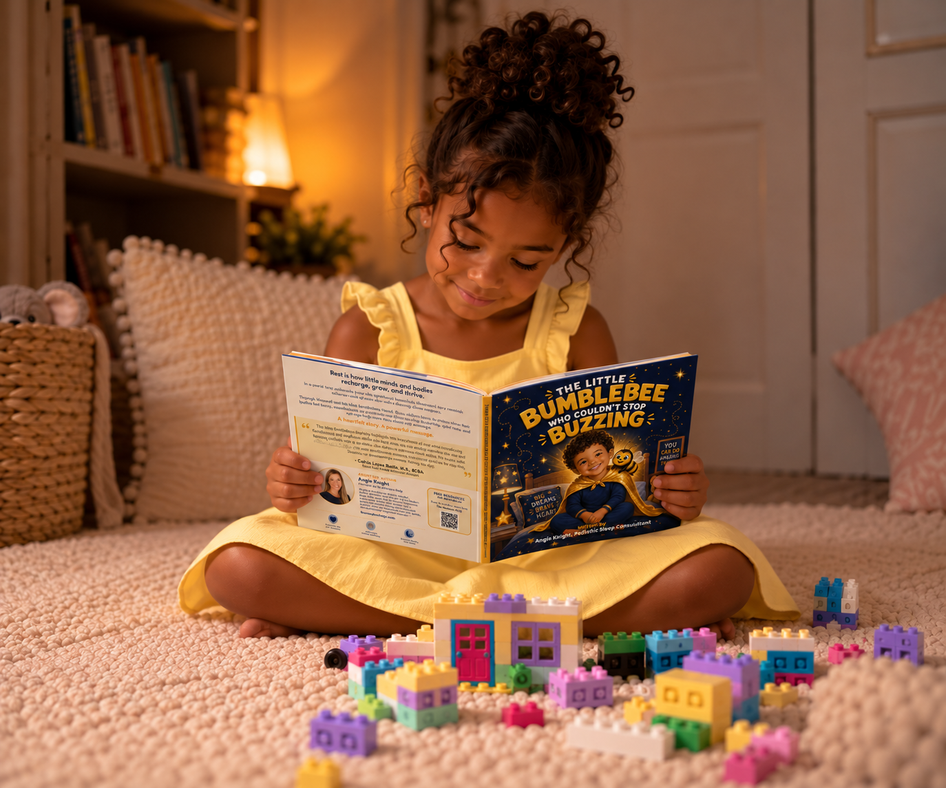 Child in a yellow dress reading The Little Bumblebee Who Couldn’t Stop Buzzing