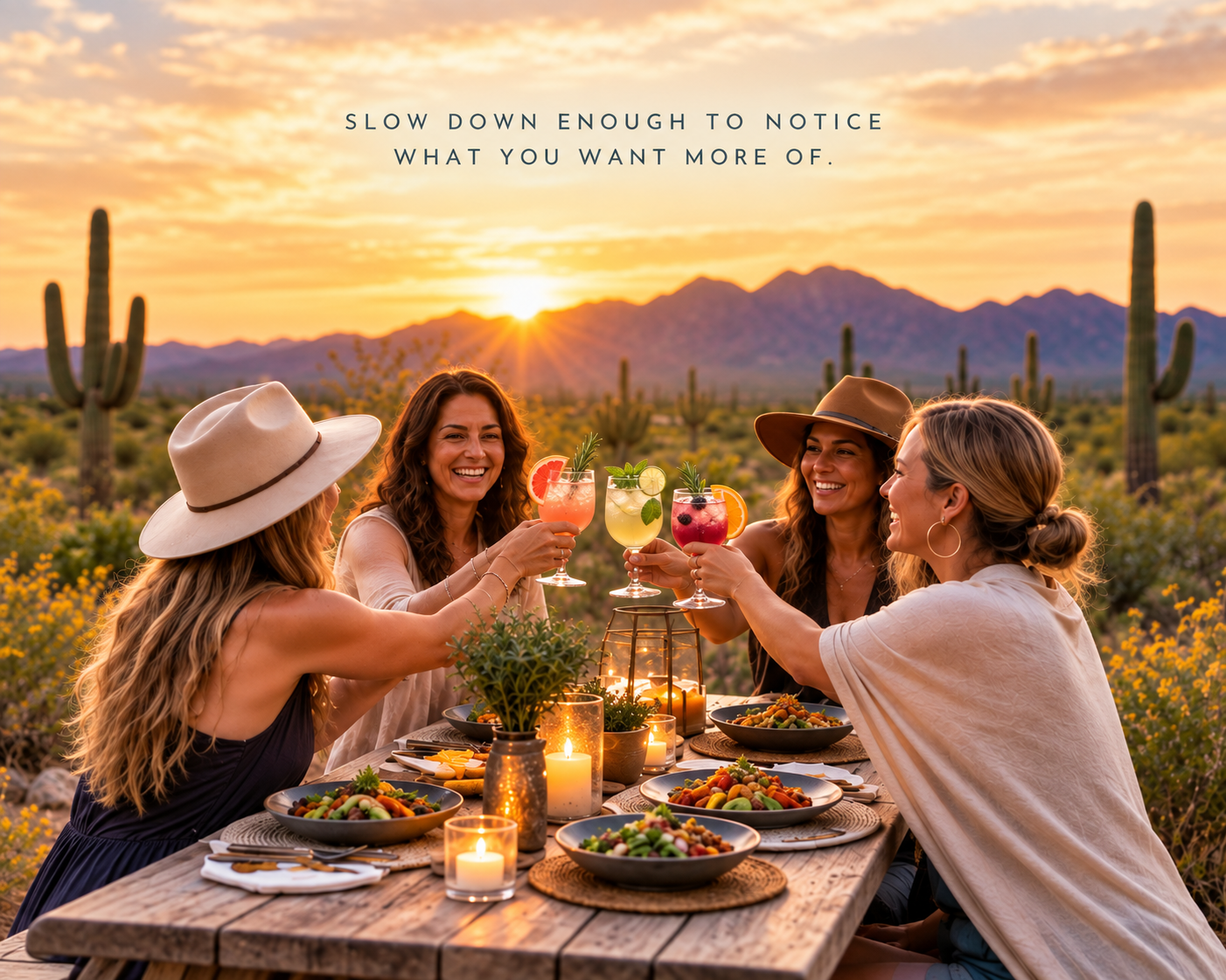 Women sharing mocktails at sunset in the Arizona desert