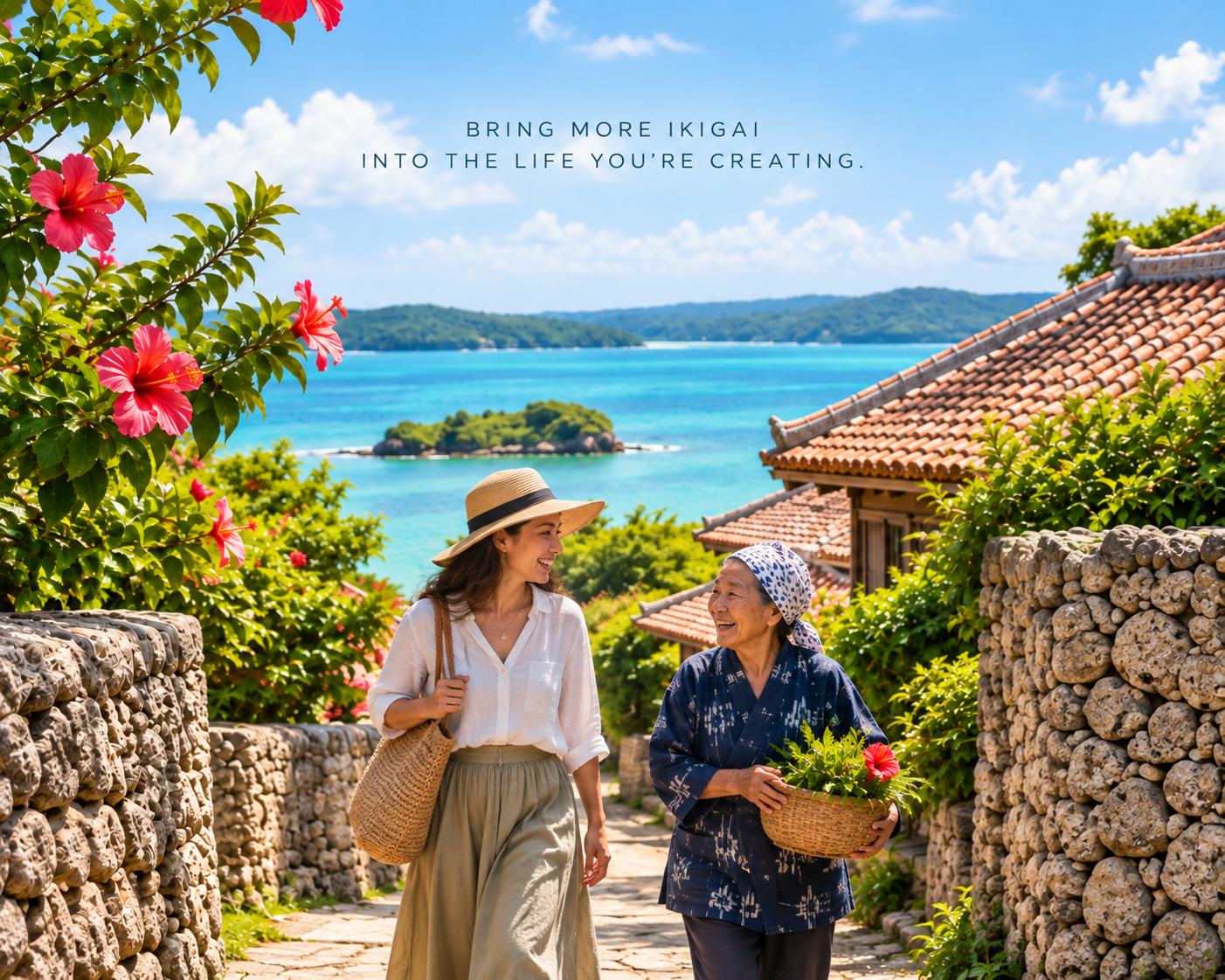 Woman connecting with an older Okinawan woman in a traditional village