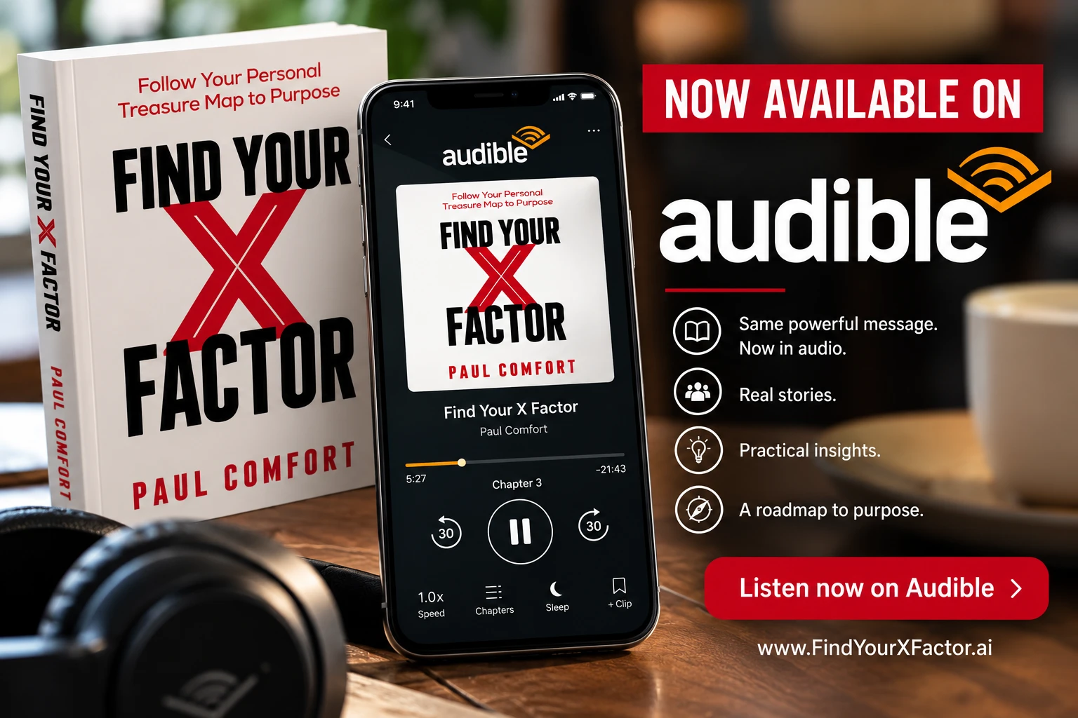 Find Your X Factor audiobook by Paul Comfort, now available on Audible - the book, headphones, and the Audible player showing Chapter 3