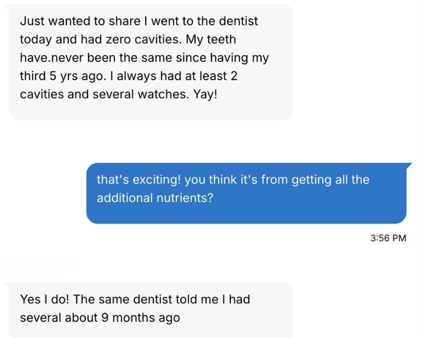 Client testimonial sharing that she had zero cavities after previously having multiple cavities.