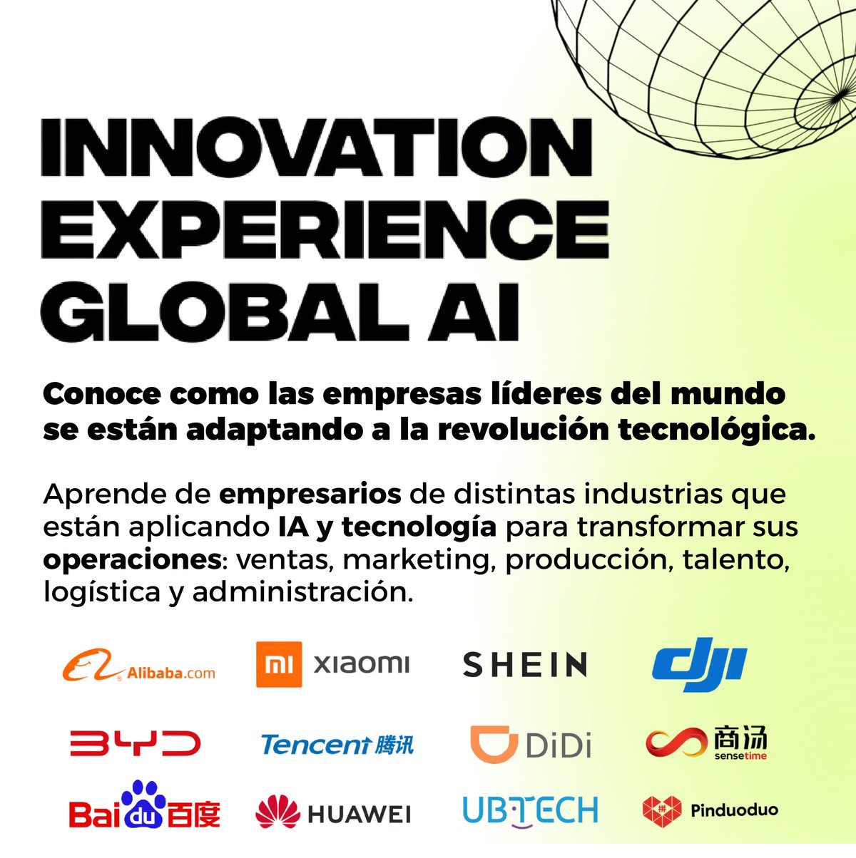 Empresas líderes de China que visitaremos: Alibaba, Xiaomi, SHEIN, DJI, BYD, Tencent, DiDi, SenseTime, Baidu, Huawei, UBTECH, Pinduoduo