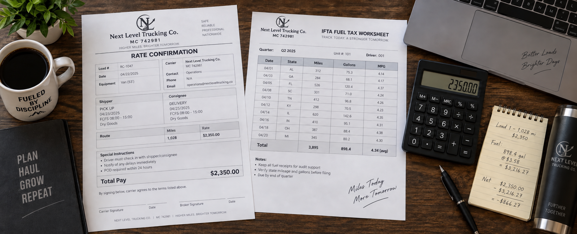 Rate confirmation and IFTA worksheet with a calculator