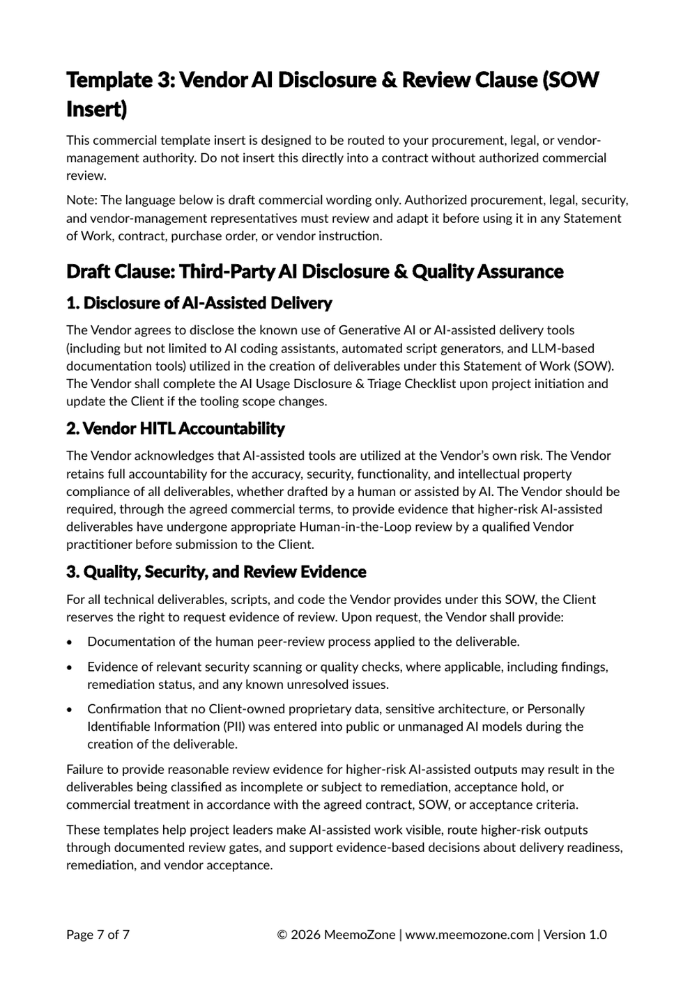 Vendor AI disclosure and review clause for SOW insertion