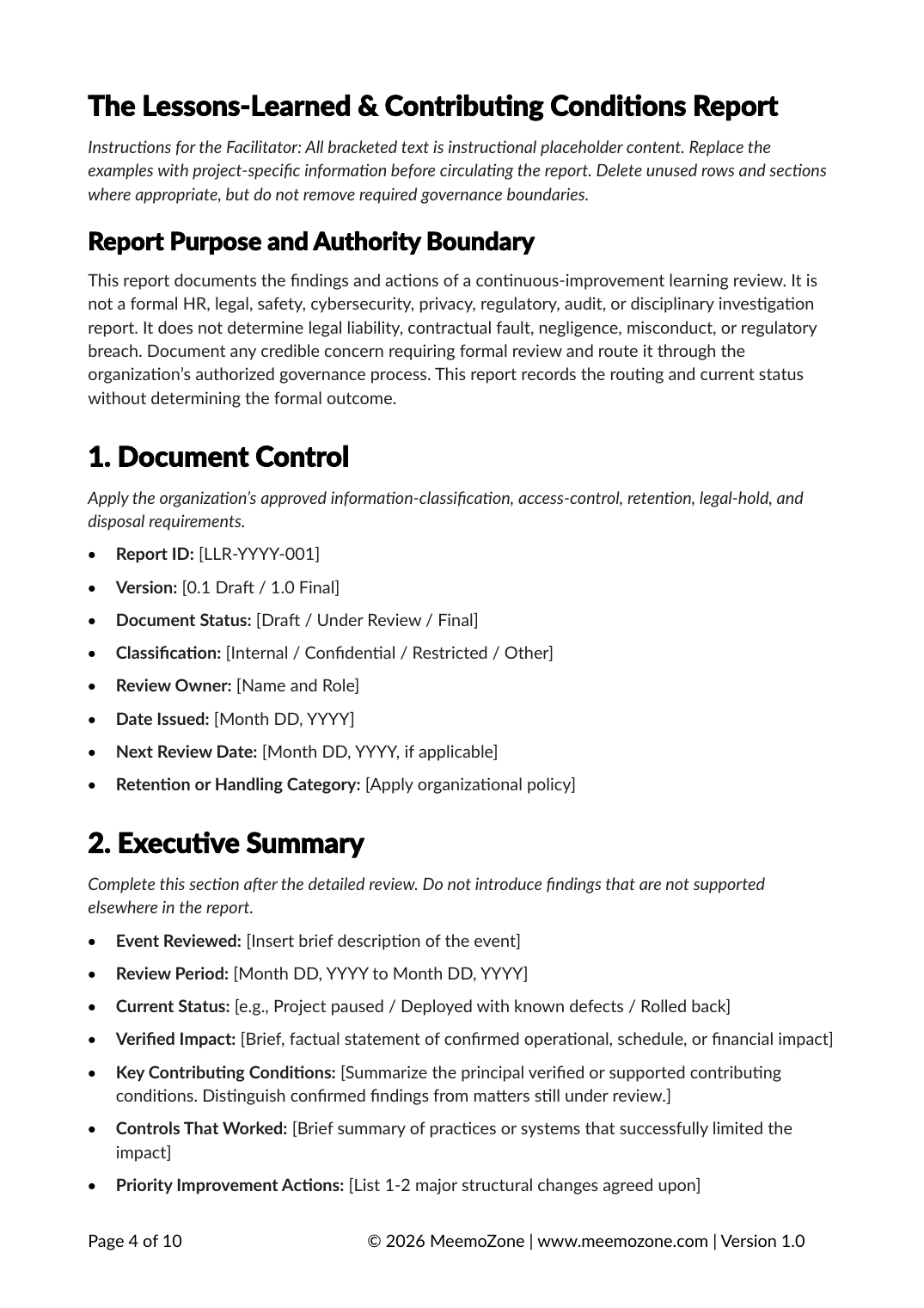 The Lessons-Learned and Contributing Conditions Report template