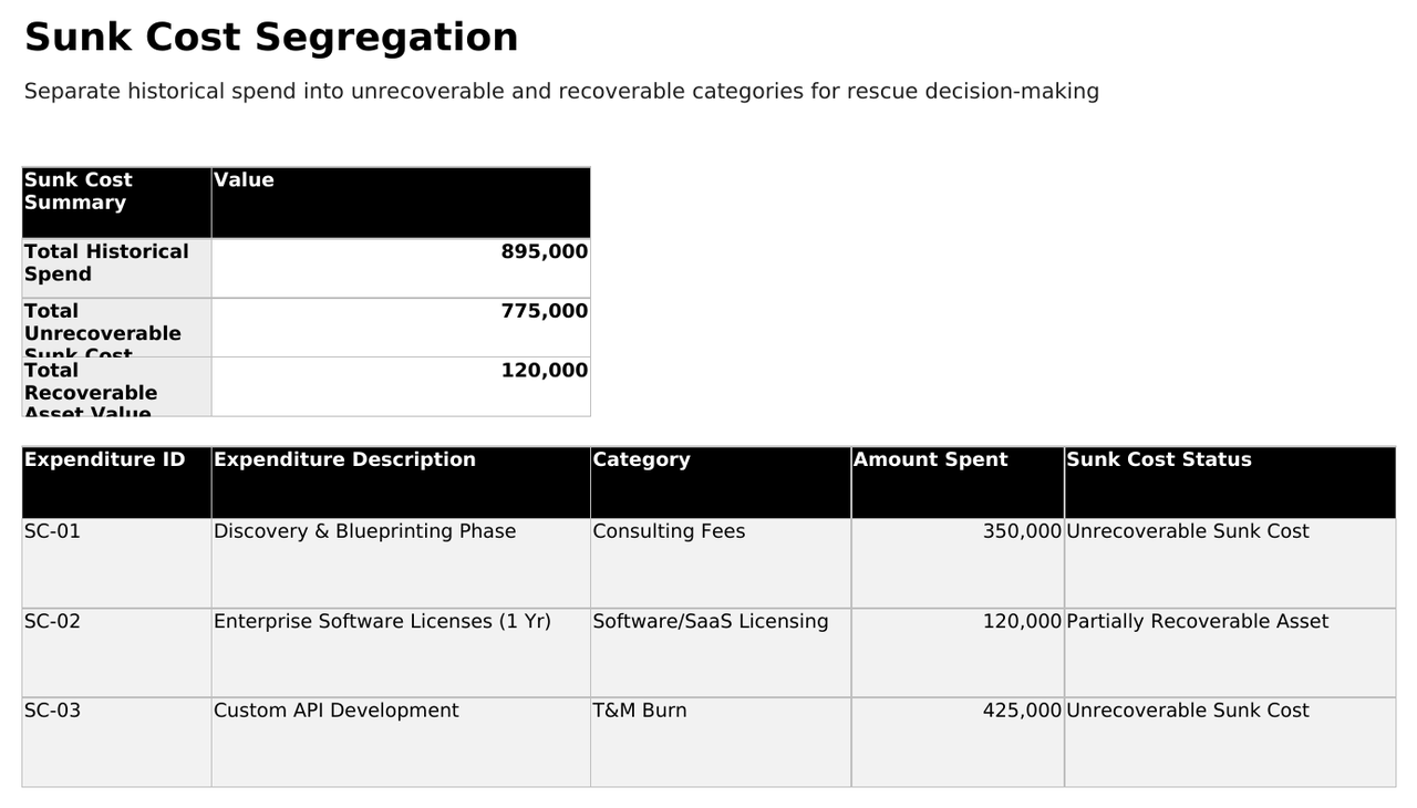 Sunk cost segregation sheet