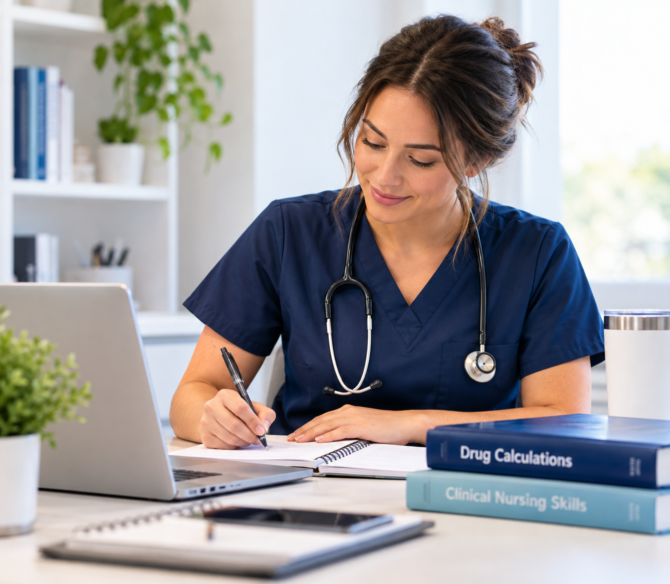 Nurse at desk studying drug calculations