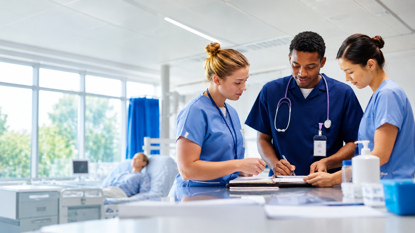 Nurses working and learning together in a modern clinical setting