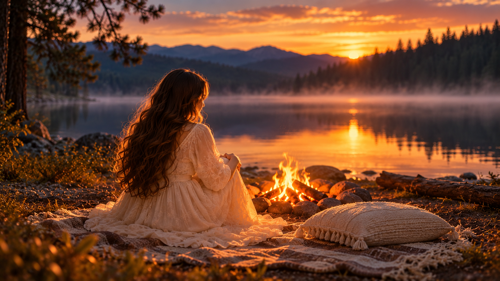 Aga sitting by a small fire at the lake at sunset, with an empty cushion beside her