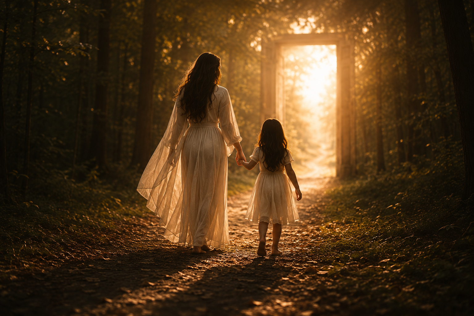 A woman and a girl walking through the forest towards the light