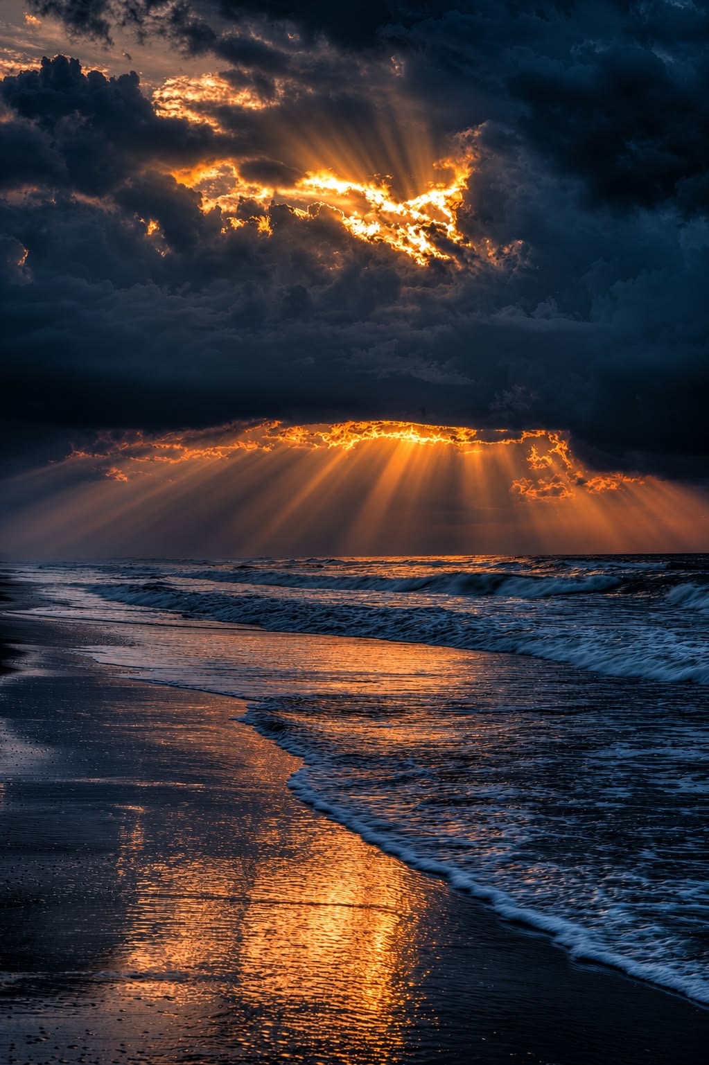 Light breaking through heavy cloud over a shoreline at dawn