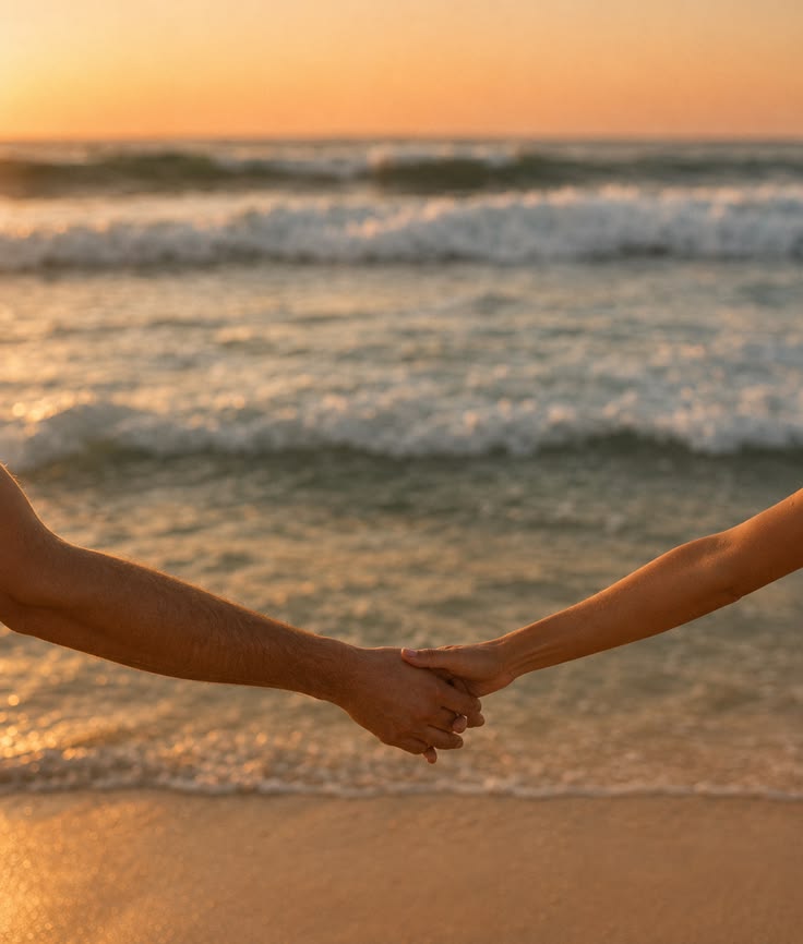 Two hands clasped together at the shoreline at sunset
