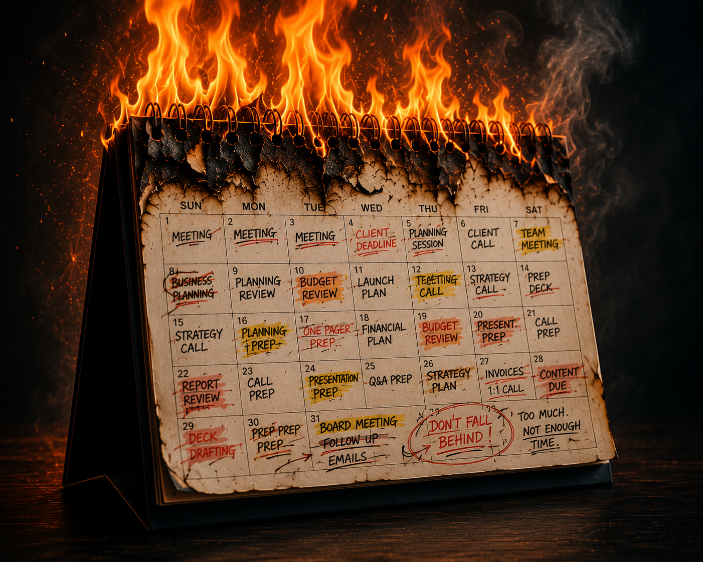 Overbooked calendar on fire