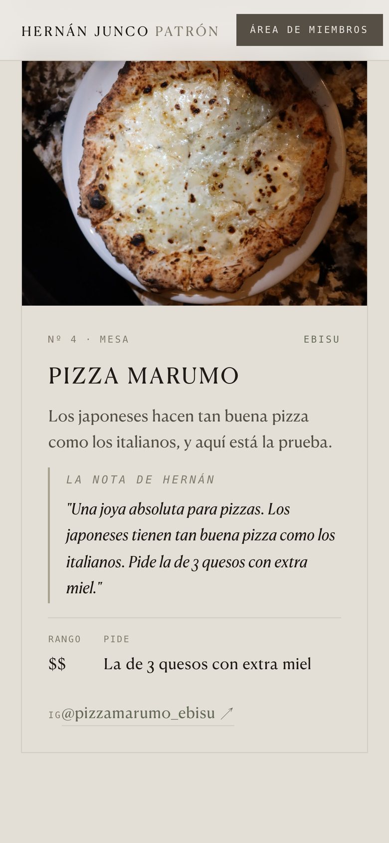 Ficha de un restaurante con la nota de Hernán
