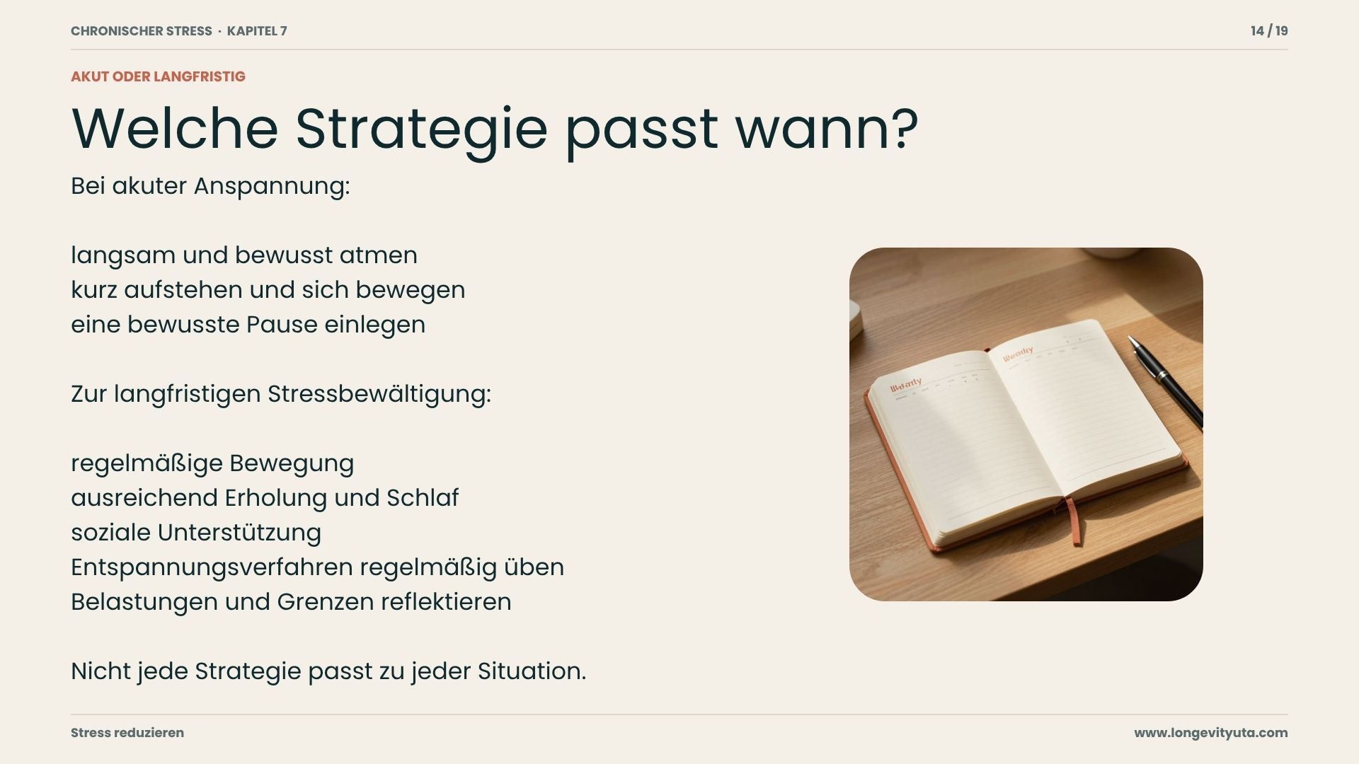 Kursfolie mit Strategien zur akuten und langfristigen Stressregulation