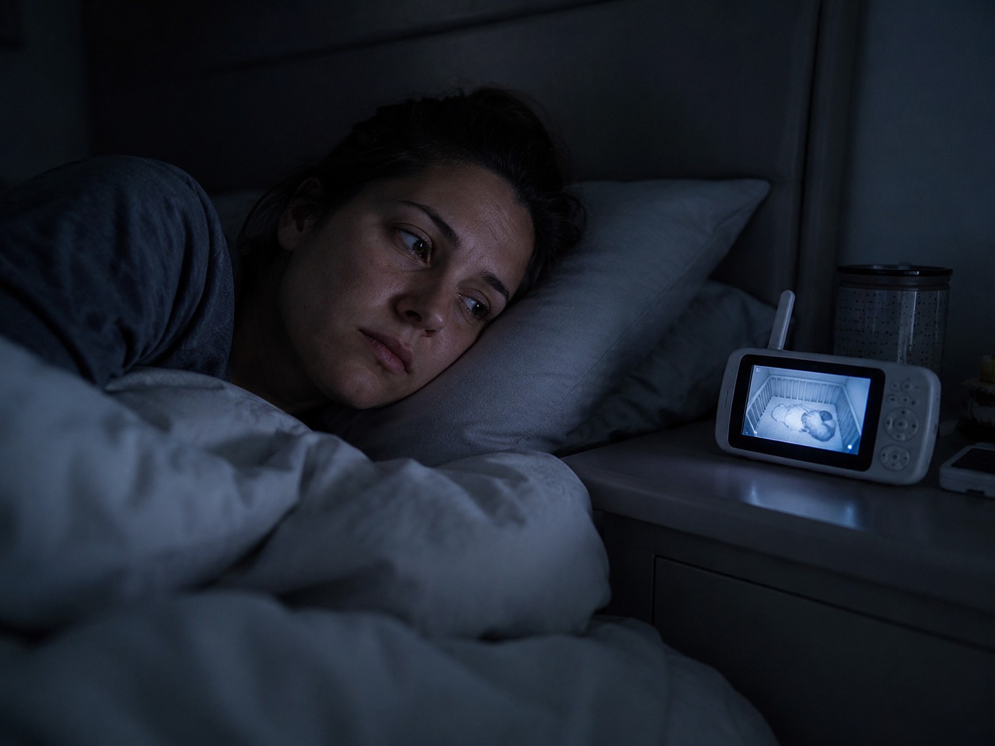 A mother lying awake in bed at night with a baby monitor glowing on the bedside table