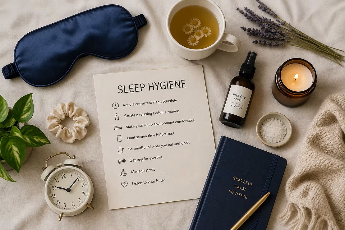 Sleep hygiene checklist alongside tea, an eye mask, and a candle