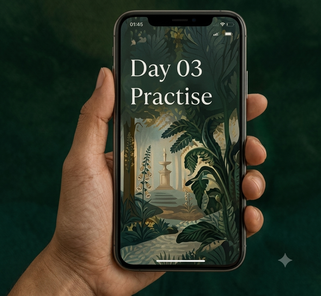 Hand holding a phone showing the Day 3 Practise screen