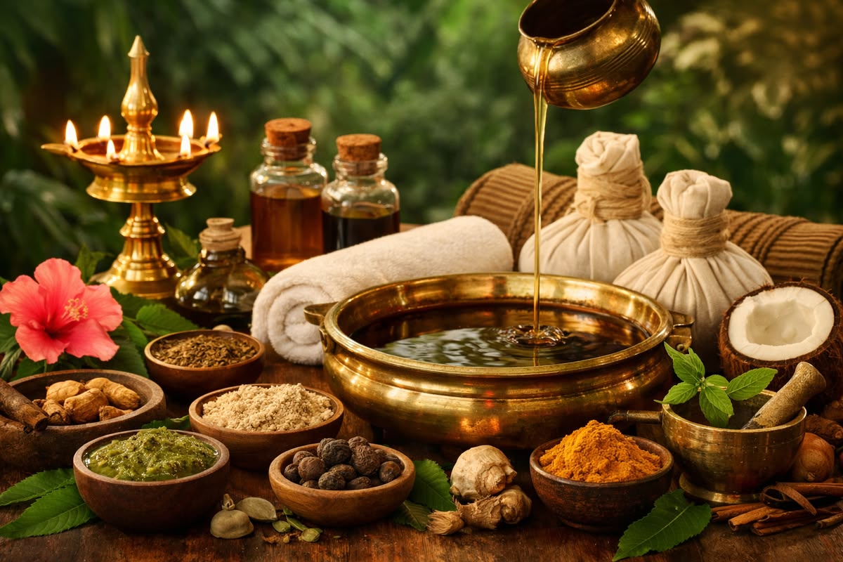Ayurvedic herbs, mortar and pestle with journal on wooden table