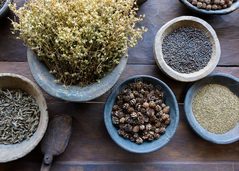 Bowls of Ayurvedic herbs and spices