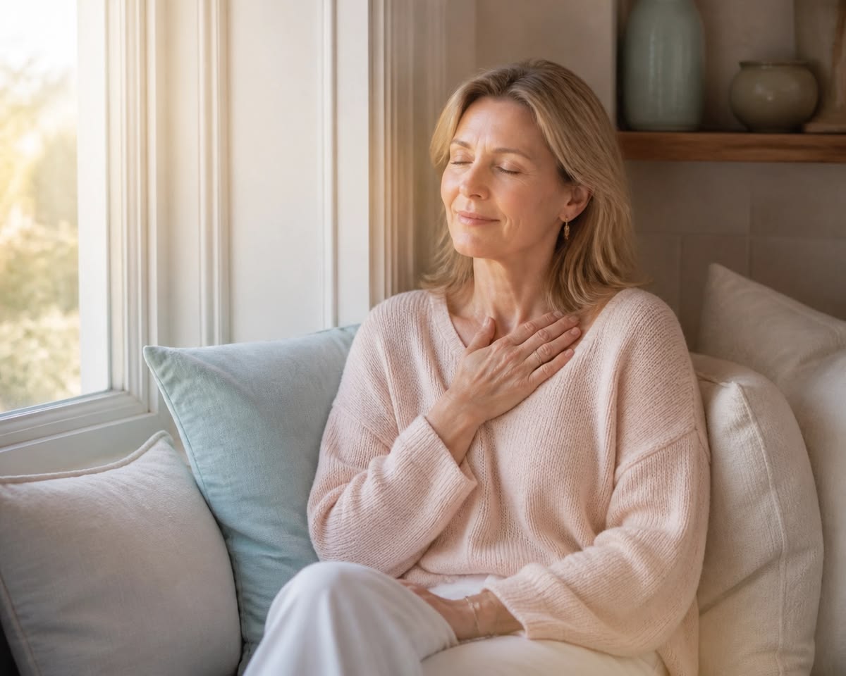 Woman with hand on chest, practicing breath awareness