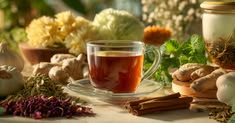 Cup of herbal tea with fresh flowers
