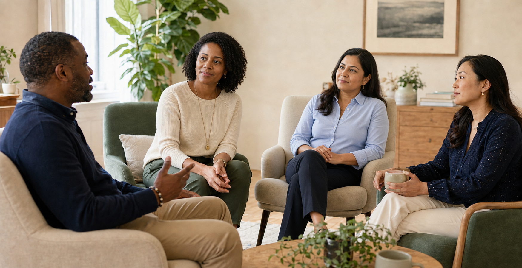 A diverse group of clinicians gathered in a calm restorative setting.