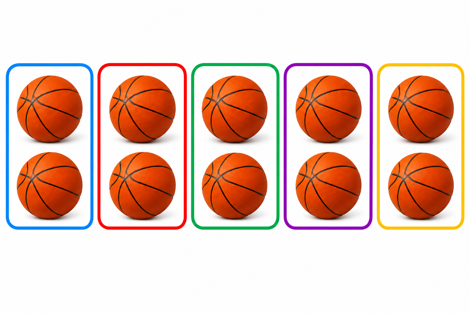 Ten basketballs arranged in five colorful pairs to demonstrate fractions and grouping.