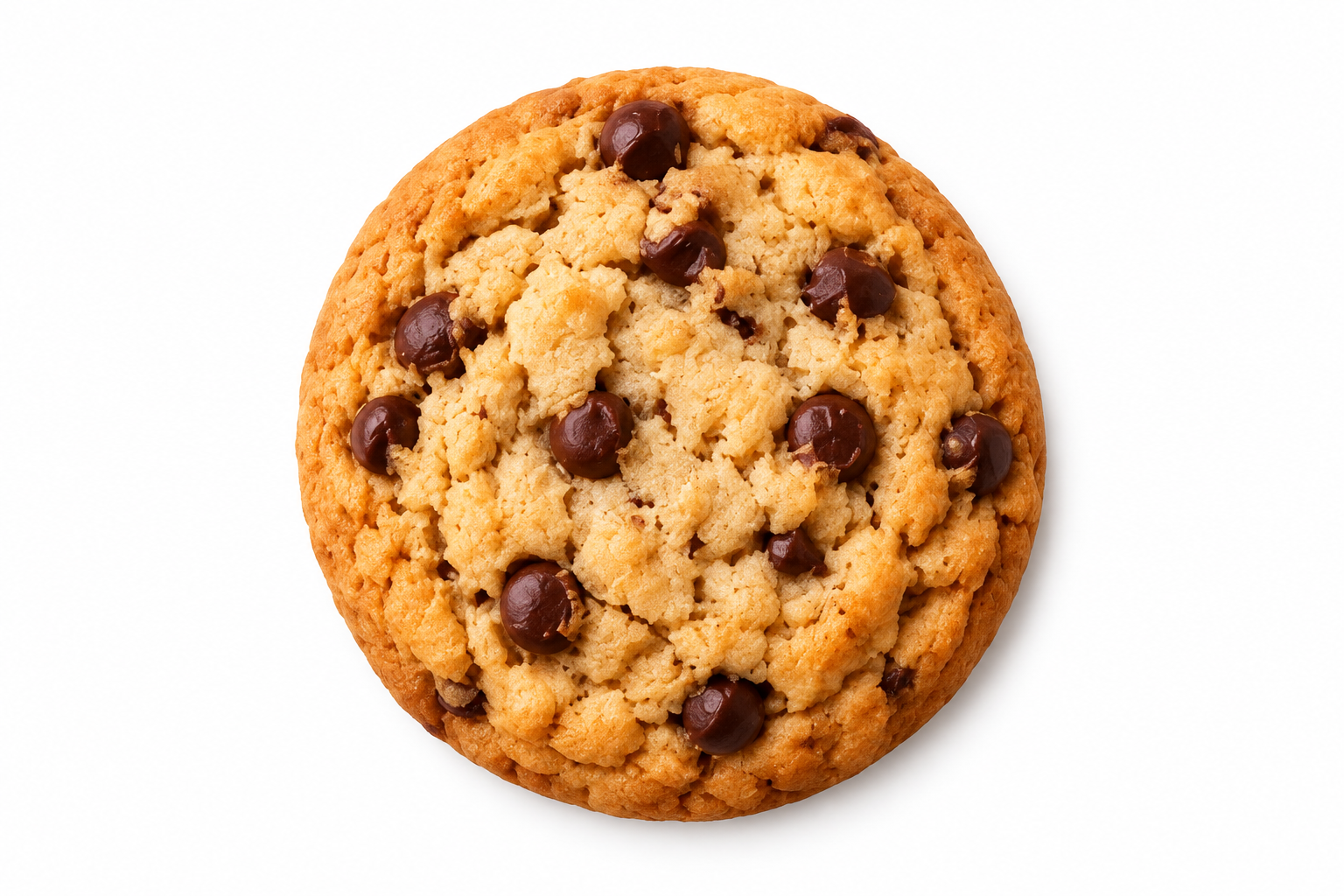 A single golden chocolate chip cookie on a plain background.
