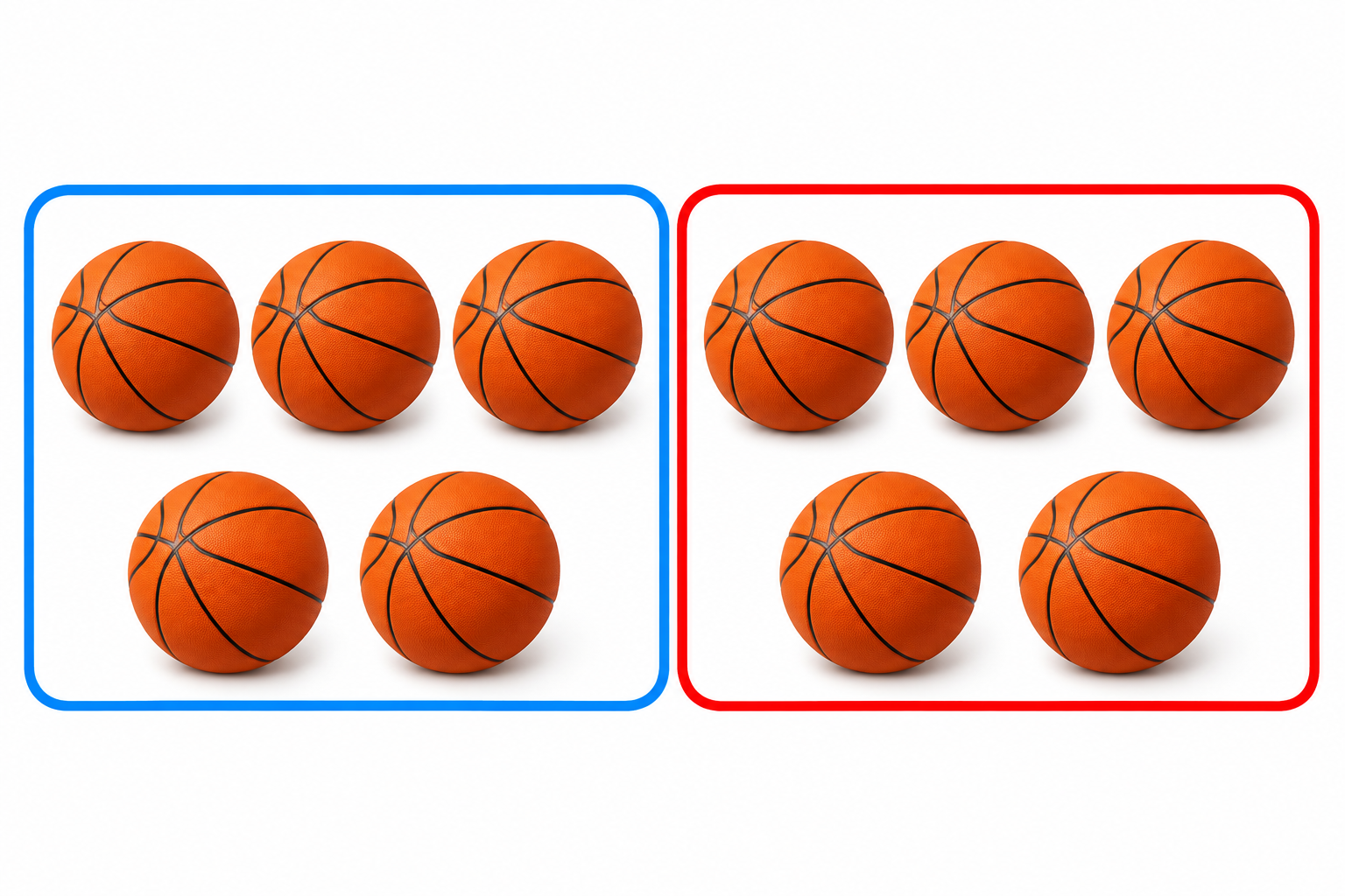 Two boxed sets of basketballs arranged side by side for a fractions lesson.